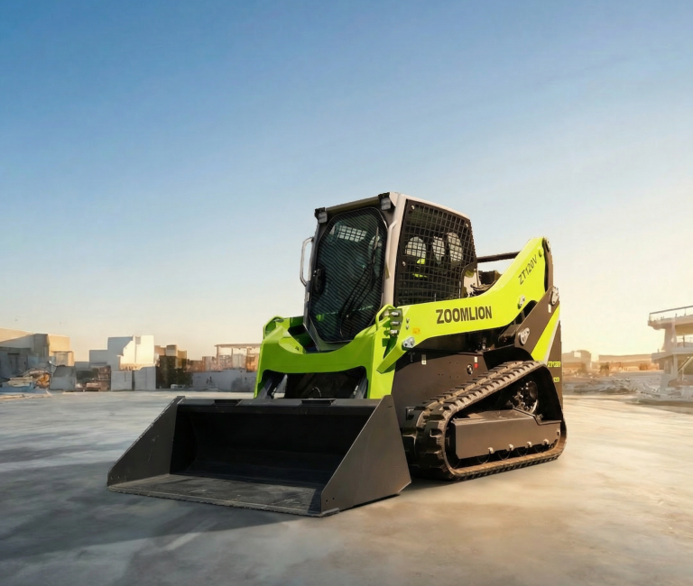 Chargeuses compactes - C Distribution - Concessionnaire Zoomlion Rhône Alpes Chargeuse compacte verte et noir sur une surface en béton, avec un ciel clair en arrière-plan.